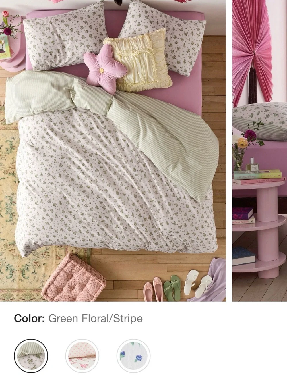 Maise Green Floral & Stripe Reversible Comforter Set from Urban Outfitters